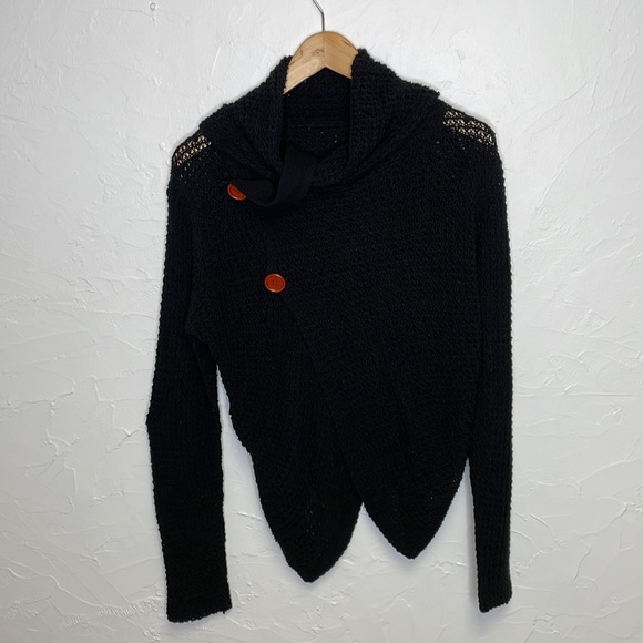 Wrap Style Black Asymmetrical Ribbed Knit Cowl Neck Sweater - Picture 8 of 10